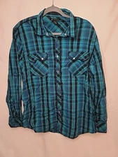 Y2K I.N.C Men’s Size XL Shirt Snap Button Teal Plaid Long Sleeve 100% Cotton 