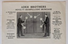 VINTAGE ADVERTISEMENT PAPER w PRINTED PHOTO of ADER BROTHERS JUGGLING 6 BANJO s