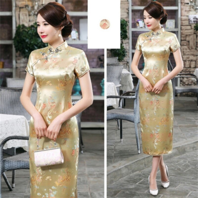 Damen Cheongsam Drache Phönix bedrucktes Kleid Schlitz Retro Party Kostüm