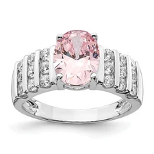 Silver  Oval Pink & White CZ Ring QR7046