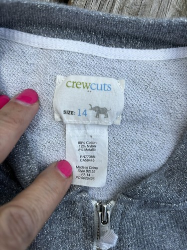 Girls CREWCUTS Metallic Full Zip Gray Silver Sparkle Sweatshirt Size 14 J.crew - Picture 2 of 4