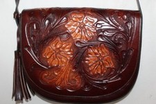 Vintage Western Hand Tooled Brown Leather Handbag Shoulder Bag