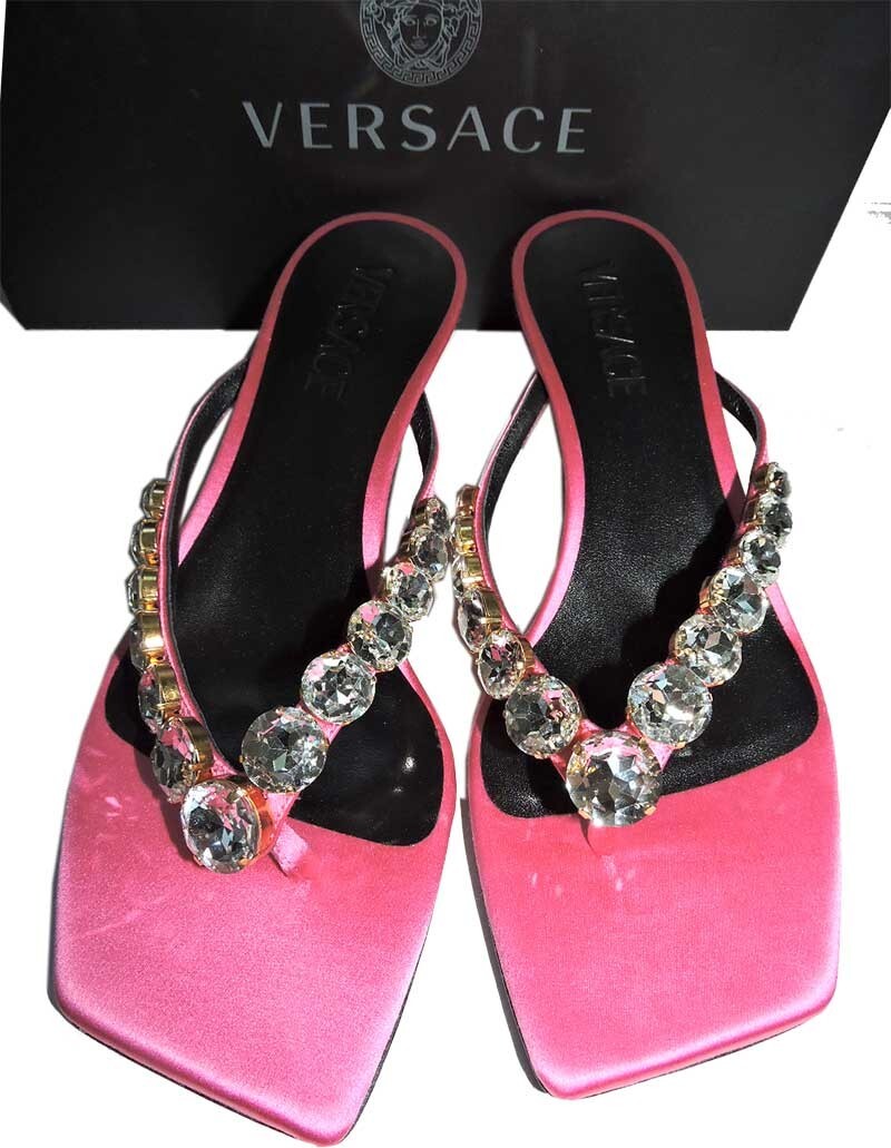 VERSACE Sandals Crystals Pink Satin Thongs Slides Kitten