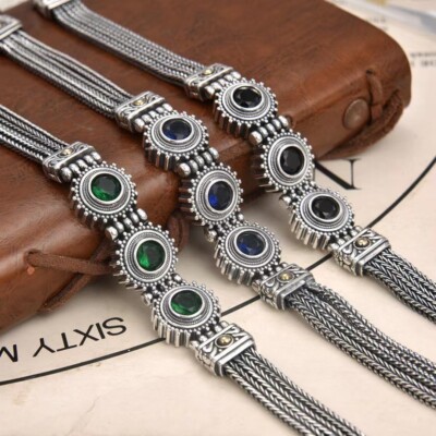 Echt 925 Sterling Silber Armband Damen Herren mit Stein Weizen Glied 8,26 Zoll L