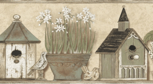 Wallpaper-Border-Birdhouses-Potted-White-Florals-Bird-Nests-Wood-Birds-on-Shelf