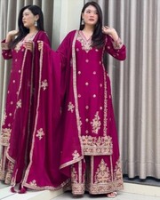 Indian Style Pure Chinnon Silk Top Palazzo With Dupatta For Function Wear