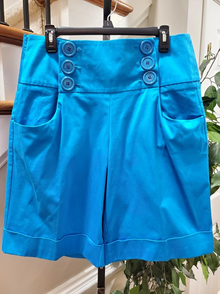 Pantalones Cortos Informales Ashley Stewart Mujer Azul Sólido Algodón Tiro Medio Botones Delanteros 18W Foto 2 de 4