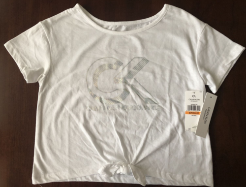 T-shirt con grafica cravatta anteriore Calvin Klein Performance ragazza bianca taglia S (7) - Foto 1 di 5