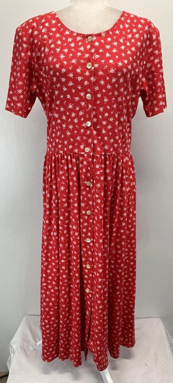 Vtg Fenwick Red Floral Midi Dress Sz Medium Women’s Button Front Cottagecore