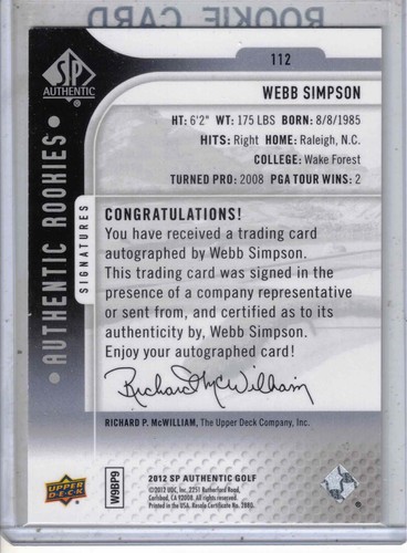 2012 UD SP Authentic golf Webb Simpson Rookies RC rookie auto /299 card #112 - Picture 2 of 2