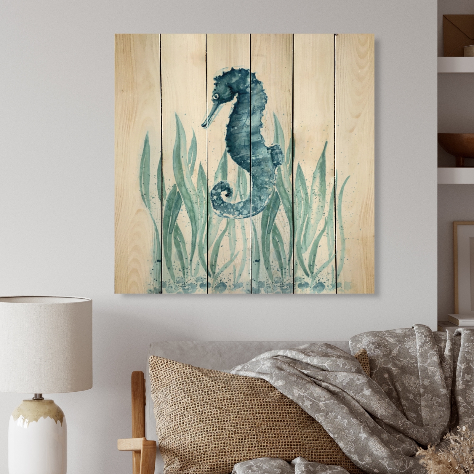 Designart 'Blue Art Seahorse' Nautical & Coastal Wood Wall Art Panels - Natural