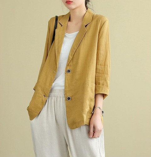 Women's Linen Thin Suits Jacket Business Casual Loose Coat Blazer Tops Outerwear - Picture 10 of 26