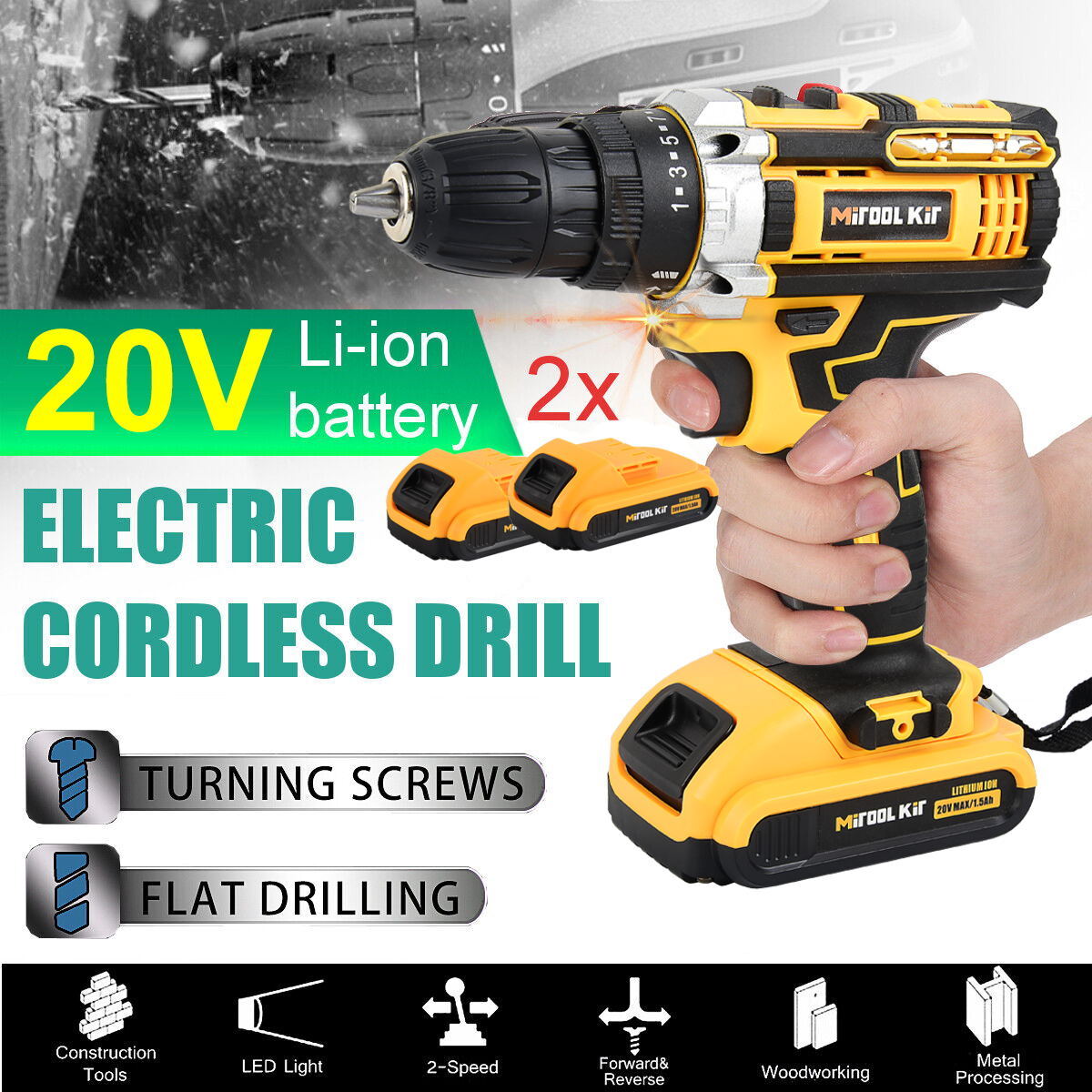 20V Cordless Drill Screwdriver For Home PowerDriver Electric With Battery