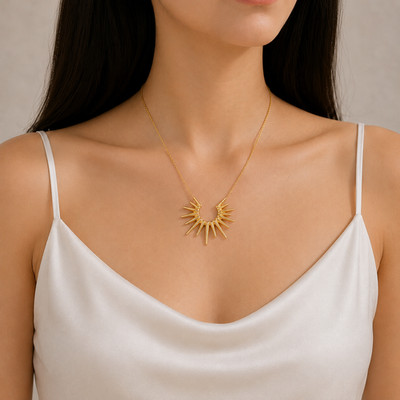 18K vergoldet neu Grob Kette Halskette Sonnenschliff Sonne Burst Strahlen Strahl Anhänger