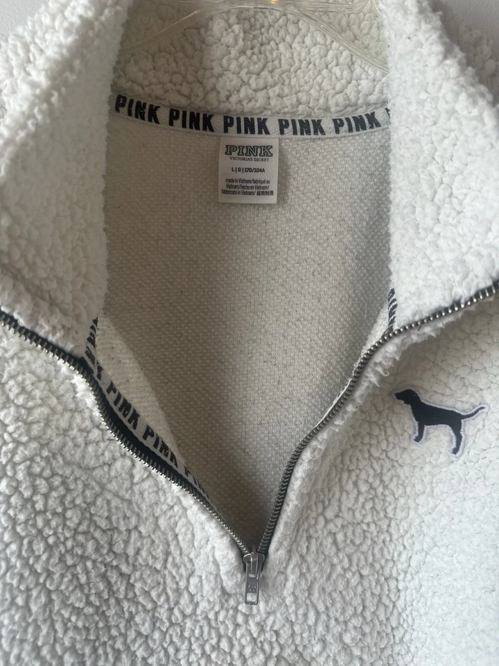 Victoria's Secret PINK Sweatshirt Large Ivory Sherpa Fleece 1/4-Zip Pullover - Image 4 of 4