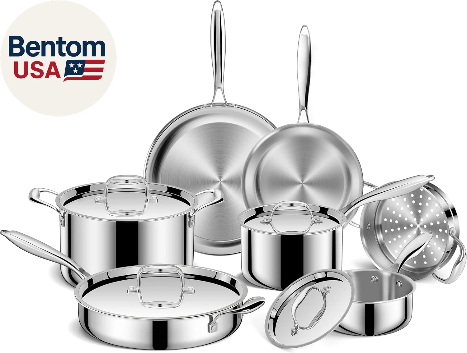Pots and Pans Set, 3 Ply 11 Piece Stainless Steel Cookware Set, Oven Dishwasher
Opens in a new windo