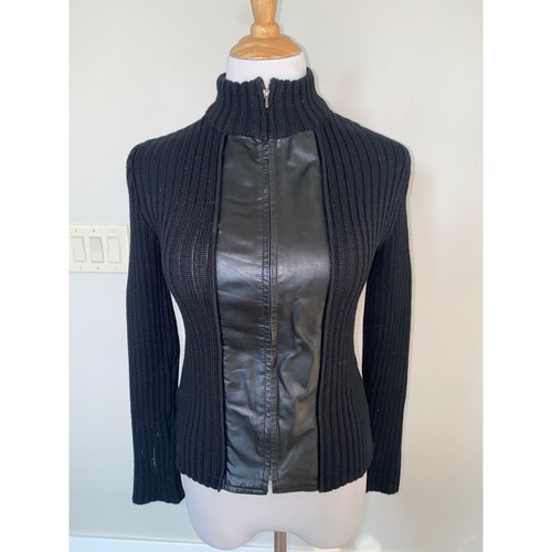 IRO Iwata Wool/Vegan Leather Sweater Jacket Zip Front Black L/S Size Medium