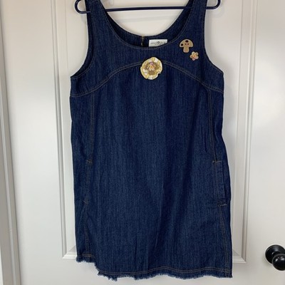 Natural Life Denim Jumper Dress L Mushroom Floral Applique Frayed Hem Boho Blue