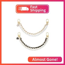 uxcell 2Pcs 10.2'' Pearl Purse Double Chain, Metal Purse Extender Chain, PU Leat