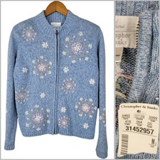 NEW Christopher Banks Cardigan Sweater Medium Floral Embroidered Blue Zip Up