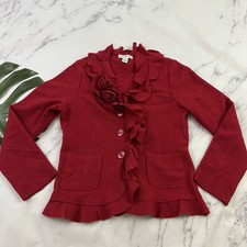 Susan Bristol Vintage Y2k Cardigan Sweater Size M Red Wool Ruffle Trim Romantic