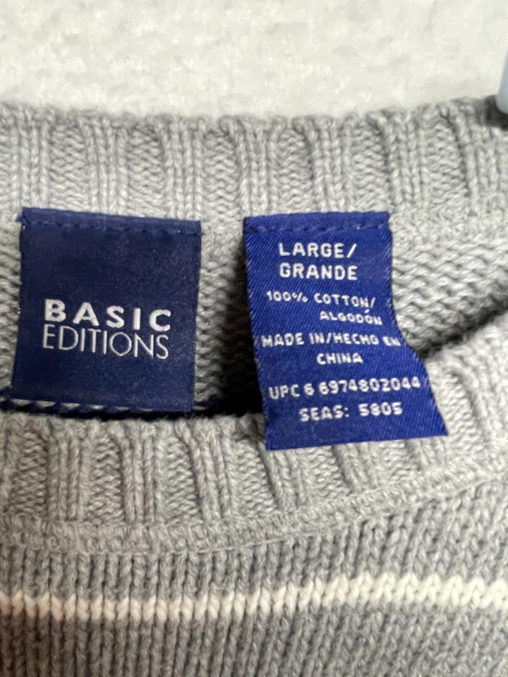 Basic Editions Sweater Mens Large Gray Stripe Crewneck 100% Cotton Pullover - Image 3 of 4
