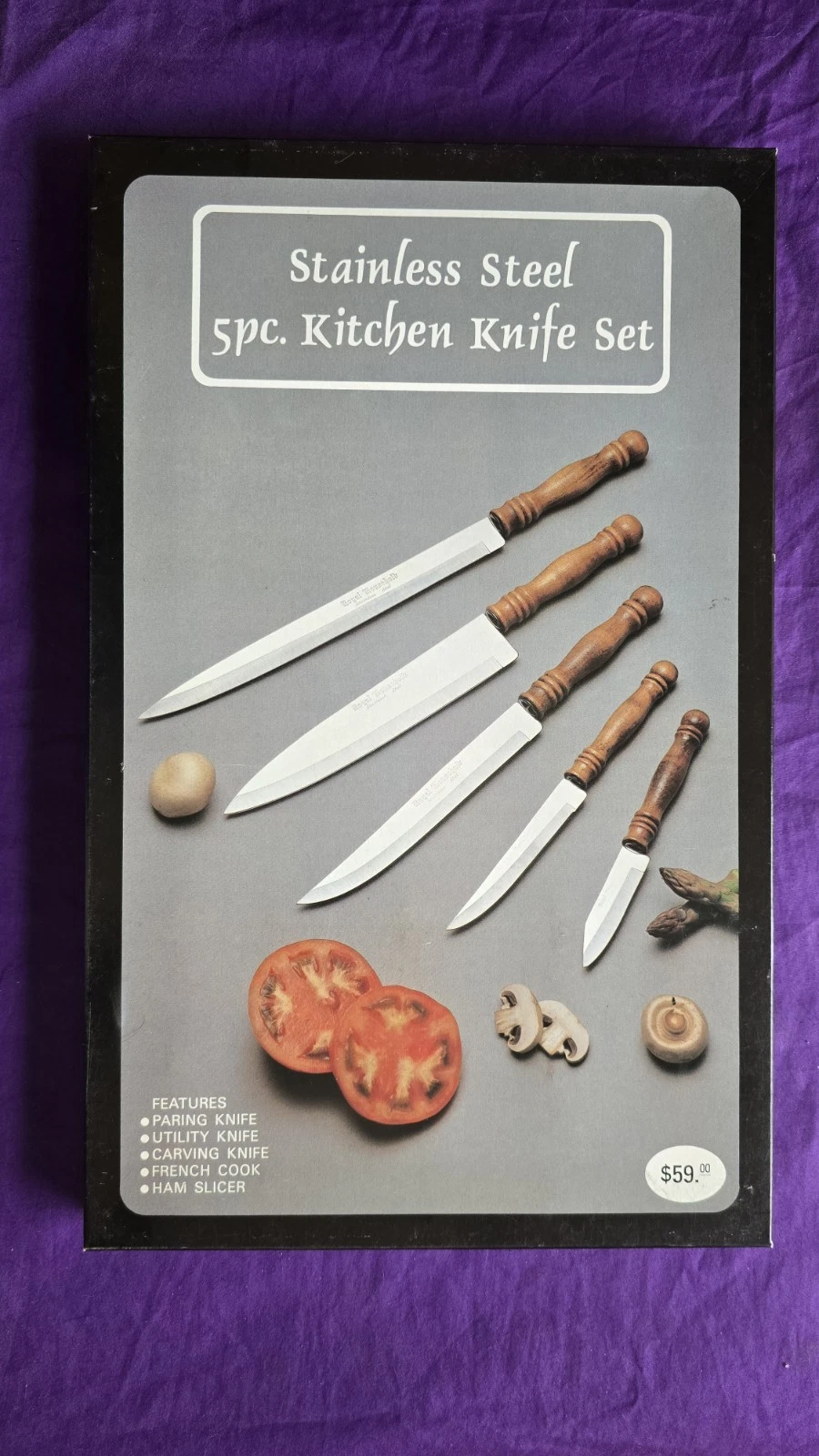 Vintage Royal Household 5 Pc Knife Set Stainless Steel Wood Handles NOS