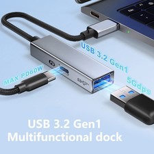 2 in 1 USB C to USB 3.2 Gen1 Adapter with PD60W Charging Port 5Gbps USB C Male