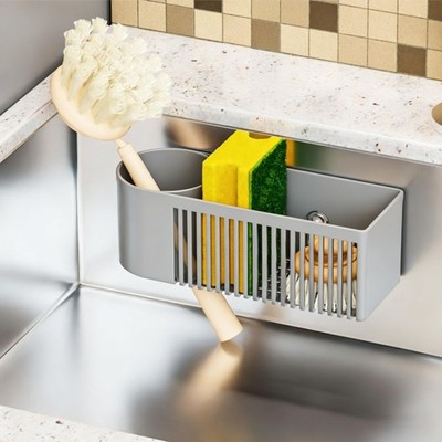 Inside Sink Sponge Holder Grey Rustproof Caddy Scrub Kitchen Organizer