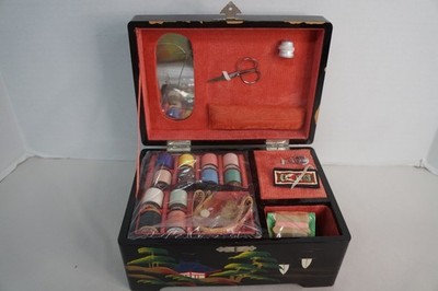 Rare Original Vintage Japan Black Lacquer Hand Painted Sewing Box