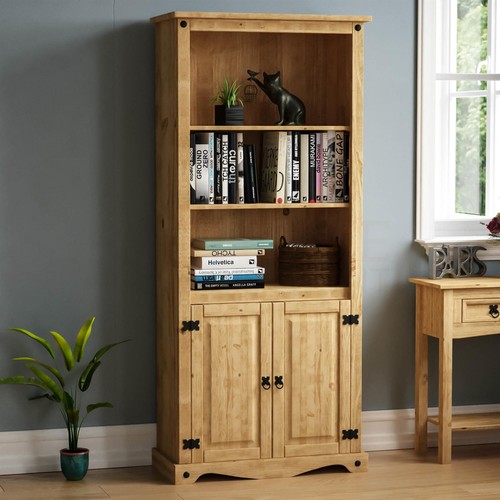 Corona Bookcase 2 Door Display Unit 3 Shelf Mexican Solid Waxed Pine Living Room - Picture 1 of 8