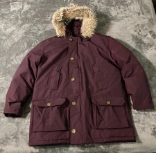 Woolrich Parka Jacket Mens Large Burgundy Down Coyote Fur Hood Winter Coat