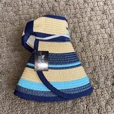 Women  s Summer Striped Hat Sun Protection Visor Fold Roll Up Wide Brim Blue