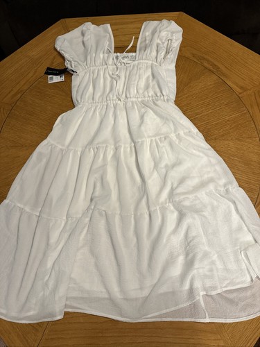 NWT BLACK TAPE_ Women's White Puff-Sleeve Square Neck Tiered Midi Dress SZ S - Picture 12 of 12