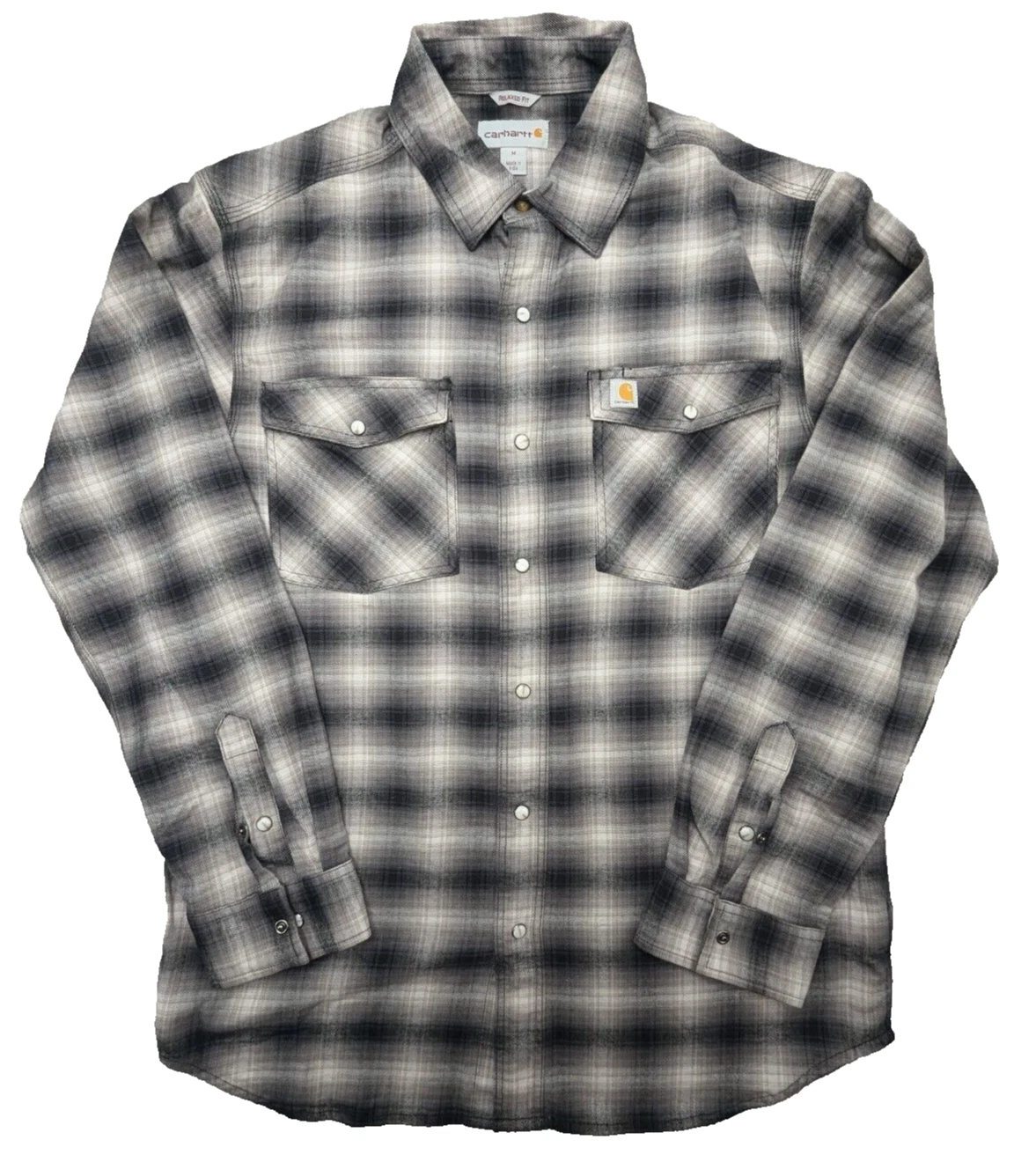 Carhartt Flannel Shirt Mens Medium Gray Plaid Outdoor Snap-Front Logo Relaxed