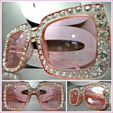OVERSIZED VINTAGE RETRO Style SUN GLASSES Square Pink Frame Lens Bling Crystals