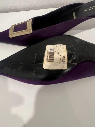 VINTAGE UNWORN ESCADA DEEP PURPLE SLIDES GOLD BUCKLE ITALY EU 40 - Picture 9 of 18
