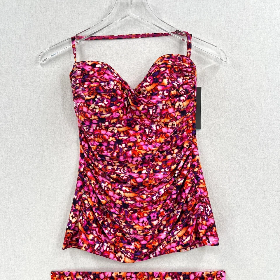 PROFILE Ruched Print Halter Tankini Swimsuit Women 10 Pink Black Convertible NEW - Image 3 of 4