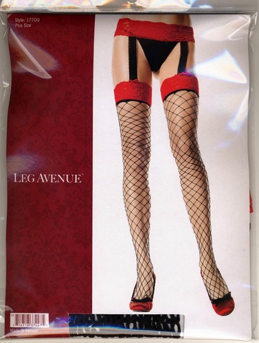 SEXY RED GARTER  TOP SUSPENDER FISHNET BLACK STOCKINGS NEW O/S OR PLUS SIZE - Picture 3 of 3