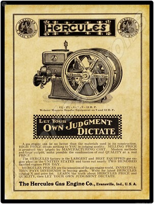 1915 Hercules Gas Engines New Metal Sign: Evansville, Indiana LARGE SIZE 12 x 16