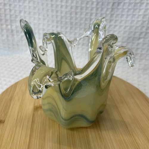 VTG MURANO STYLE ART GLASS VASE BLUE GREEN CLEAR RUFFLED RIM 6.5" TALL