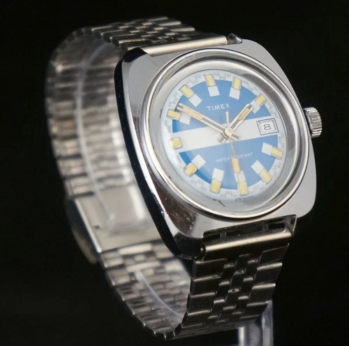 Vintage Timex Marlin Dive Watch Style Water Resistant Model with Rare Blue Dial