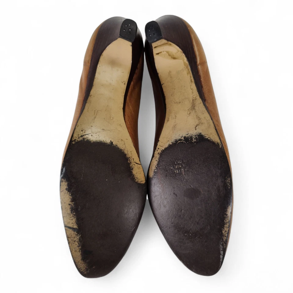 复古 Pappagallo 棕色皮革布洛克高跟鞋 9N 中跟鞋 复古鞋 意大利 — 第 2/4 张图片