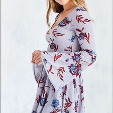Ecote Lilac Floral Bell Sleeve Babydoll Mini Dress XS