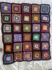 Vtg Granny Square Acrylic Crochet LAP Blanket 36 x48 Handmade Burgundy Border