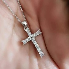 2 Ct Round Cut White Moissanite Women's Cross Pendant 14K White Gold Plated