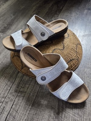 Clarks Collection White Leather Flip Flop Sandals Hook and Loop Adjustable US 10