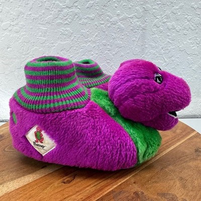 Vintage Barney Dinosaur Plush Slippers Purple Green Kids XL 11 12 1993