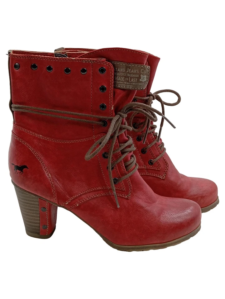 Mustang Bottines Femme Rouge Cuir Lacets Talon Vintage (EU 37) - Photo 1/2