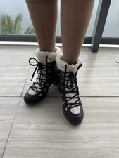 Marc Fisher Isabel Black Leather Faux Fur Lined Lace-Up Hiker Boots Size 7 1/2